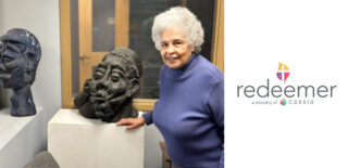 Redeemer Health Care Center resident Lydia Wardlaw-Brown poses with her sculptures for a picture.