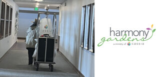 A person pushing a cart down a hallway at Harmony Gardens, a ministry of Cassia, symbolizing the journey from homelessness to stability and hope.