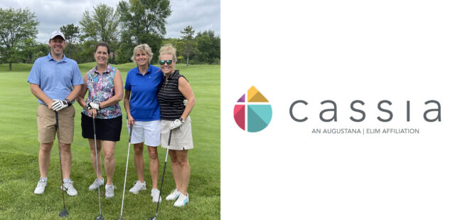 A group of four golfers pose together on the green during the 2024 Cassia Golf Tournament. They are smiling and holding their clubs, dressed in casual golf attire, with trees and a bright green course in the background.