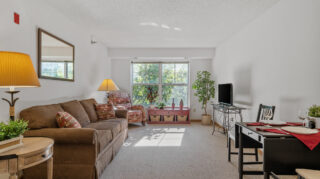Apartment living room with sofa, chair, large window, TV, and dining table in a bright, comfortable space at The Pines of Richfield in Richfield, Minnesota